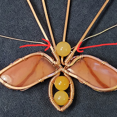 Jennifer Brooks's Rosy Maple Moth Pendant - , Contemporary Wire Jewelry, Lashing, Wire Lashing, Wire Wrapping, Wrapping, Wire Wrapping Jewelry, Wrap each post of the center frame 10 12 times with the weaving wire.